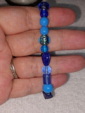 Blue Mixed- Glass Bead Women's Bracelet Stretch 6-7 Inch Handmade